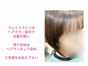 フェイスラインはヘアカラー染めで白髪を隠し、残り全体はヘアマニキュア染め